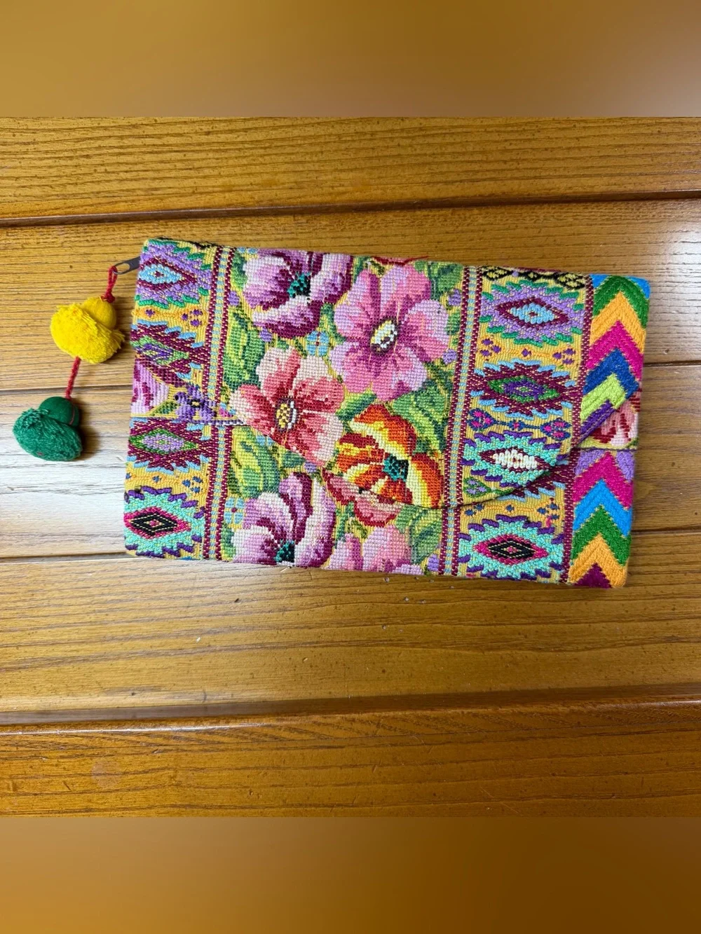 Guatemalan Huipil Embroidered Envelope Clutch Boho Floral Pom Pom Handmade